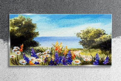 Flowers tree sea sky Glass Wall Art