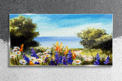 Landscape with flowers by the sea Glass Wall Art