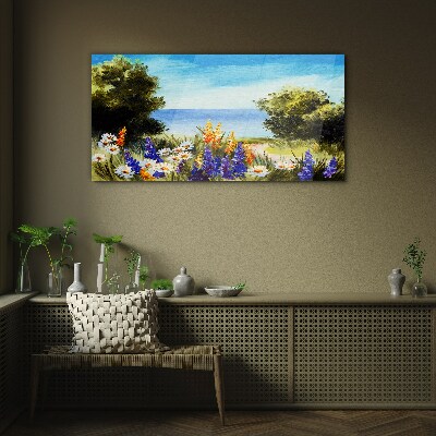 Landscape with flowers by the sea Glass Wall Art