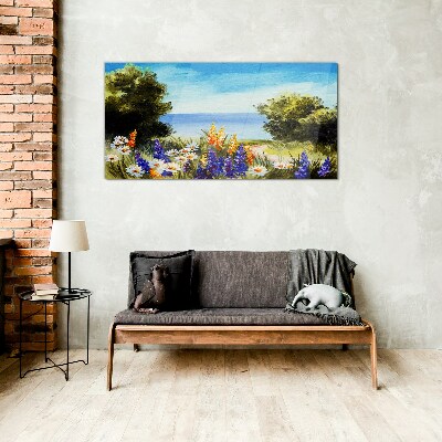 Landscape with flowers by the sea Glass Wall Art