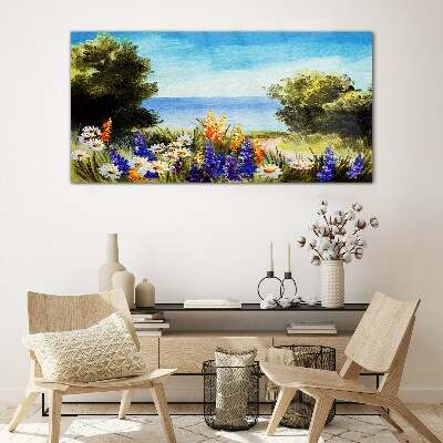 Landscape with flowers by the sea Glass Wall Art