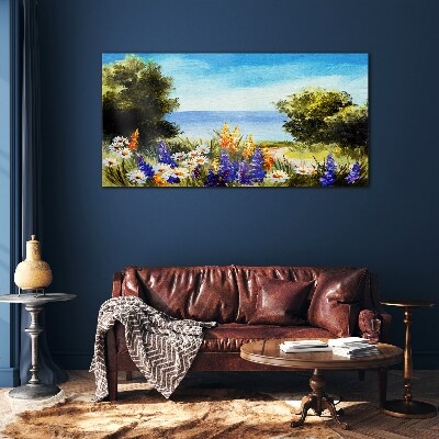 Landscape with flowers by the sea Glass Wall Art