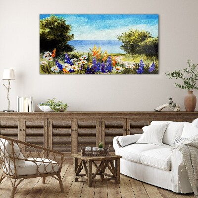 Landscape with flowers by the sea Glass Wall Art