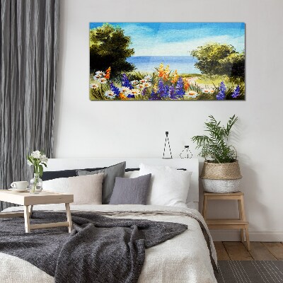 Landscape with flowers by the sea Glass Wall Art