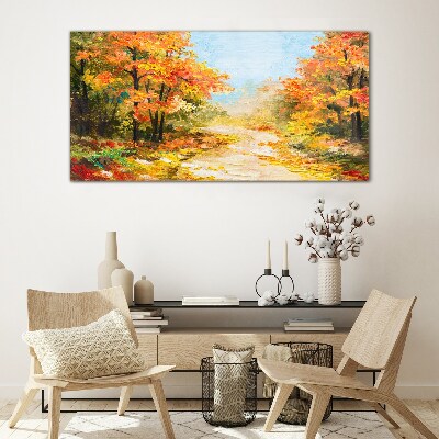 Autumn forest path Glass Wall Art