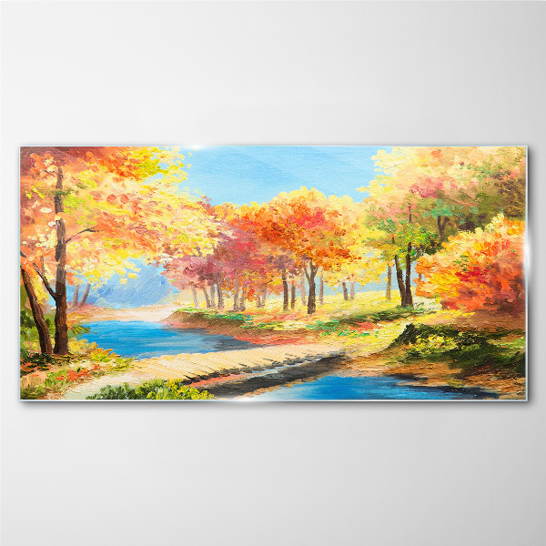 Autumn alley by the river Glass Wall Art