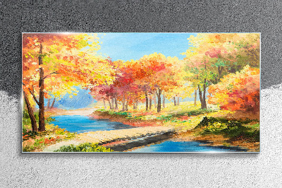 Autumn alley by the river Glass Wall Art