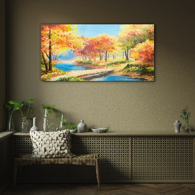 Autumn alley by the river Glass Wall Art