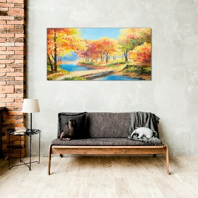 Autumn alley by the river Glass Wall Art