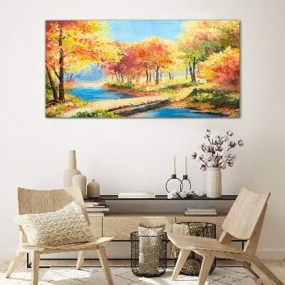 Autumn alley by the river Glass Wall Art