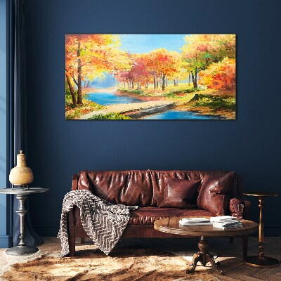 Autumn alley by the river Glass Wall Art