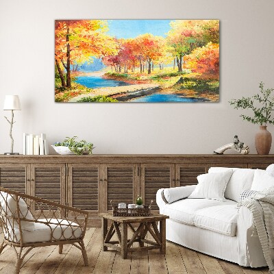 Autumn alley by the river Glass Wall Art