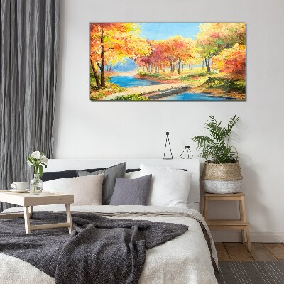 Autumn alley by the river Glass Wall Art