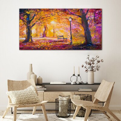 Forest park bench tree light Glass Wall Art