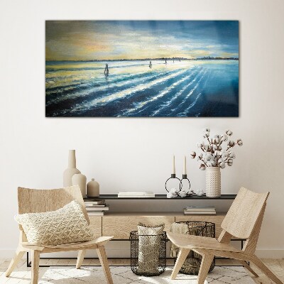 A quiet port at sunset Glass Wall Art