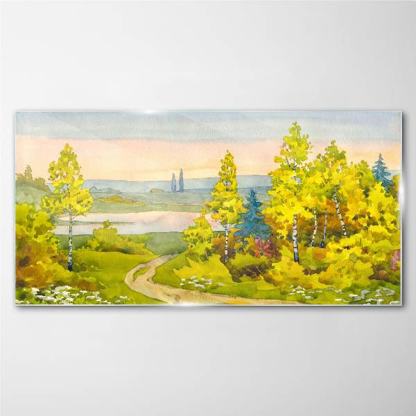 Spring landscape with trees Glass Wall Art