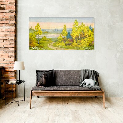 Spring landscape with trees Glass Wall Art