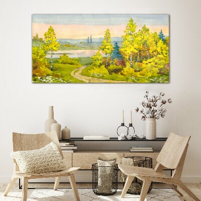 Spring landscape with trees Glass Wall Art