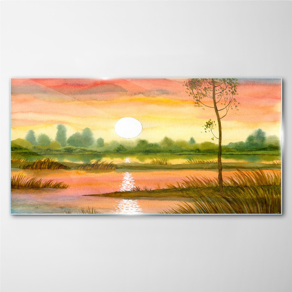 Sunset over a quiet river Glass Wall Art