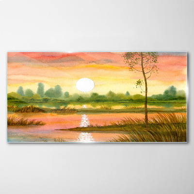 Watercolors tree sunset Glass Wall Art