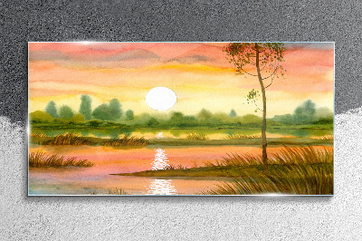 Sunset over a quiet river Glass Wall Art