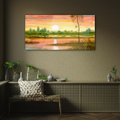 Sunset over a quiet river Glass Wall Art