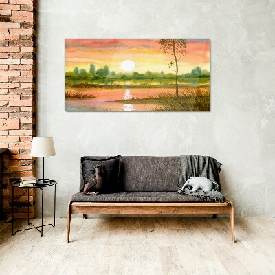 Sunset over a quiet river Glass Wall Art