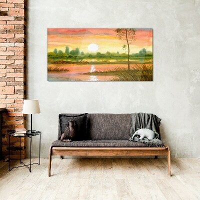 Watercolors tree sunset Glass Wall Art