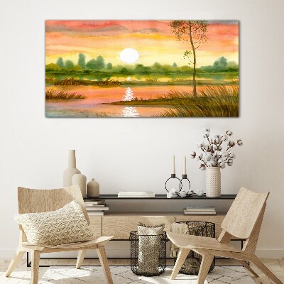 Sunset over a quiet river Glass Wall Art