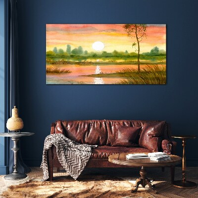 Sunset over a quiet river Glass Wall Art