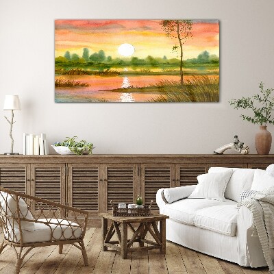Sunset over a quiet river Glass Wall Art