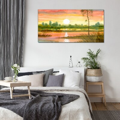 Sunset over a quiet river Glass Wall Art