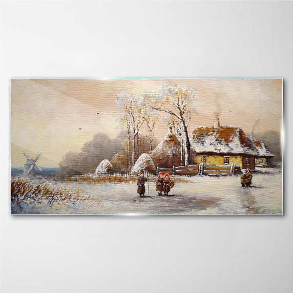 Winter landscape with a cottage and the wind Glass Wall Art