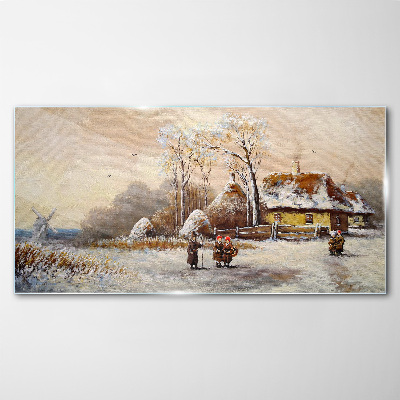 Winter landscape with a cottage and the wind Glass Wall Art
