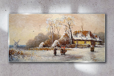 Winter landscape with a cottage and the wind Glass Wall Art