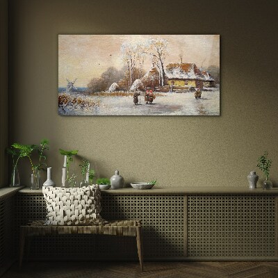 Winter landscape with a cottage and the wind Glass Wall Art