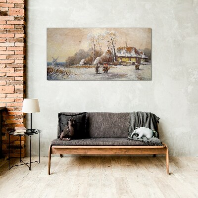 Winter landscape with a cottage and the wind Glass Wall Art