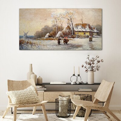 Winter landscape with a cottage and the wind Glass Wall Art