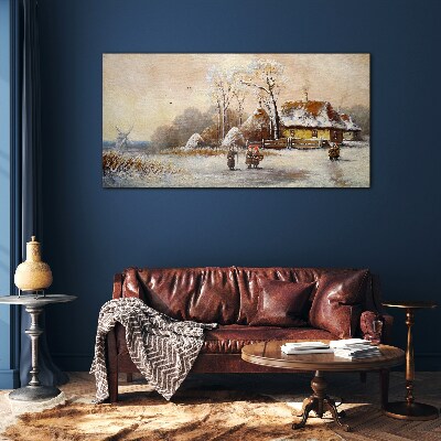 Winter landscape with a cottage and the wind Glass Wall Art