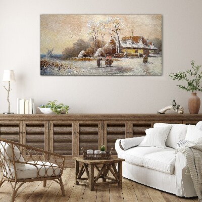 Winter landscape with a cottage and the wind Glass Wall Art