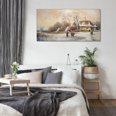 Winter landscape with a cottage and the wind Glass Wall Art