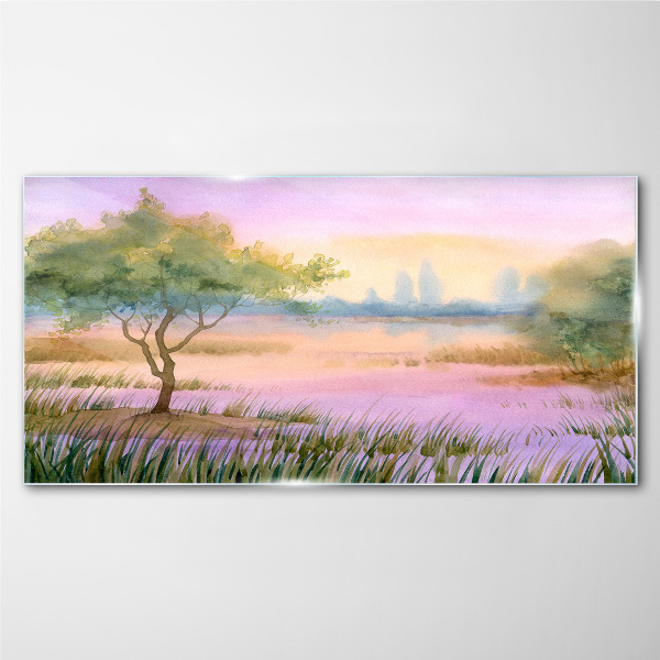 Morning landscape with a tree Glass Wall Art