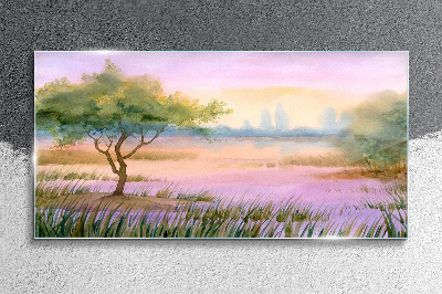 Morning landscape with a tree Glass Wall Art