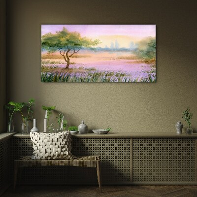 Morning landscape with a tree Glass Wall Art