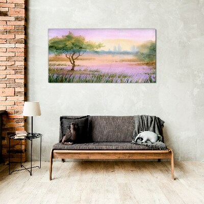 Morning landscape with a tree Glass Wall Art