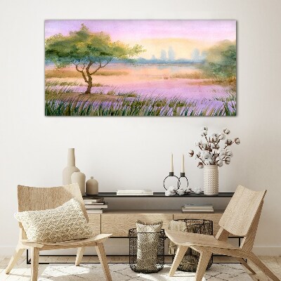 Morning landscape with a tree Glass Wall Art