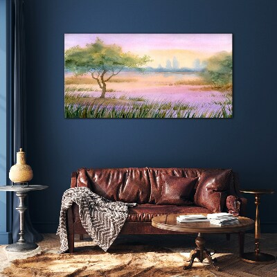 Morning landscape with a tree Glass Wall Art