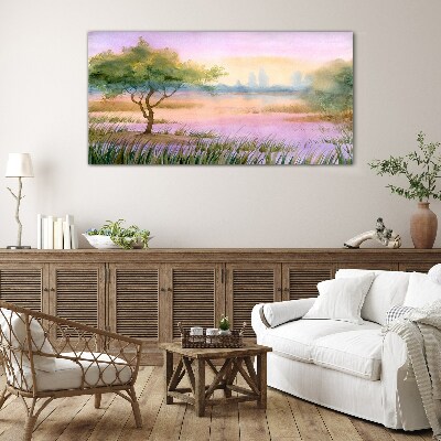 Morning landscape with a tree Glass Wall Art