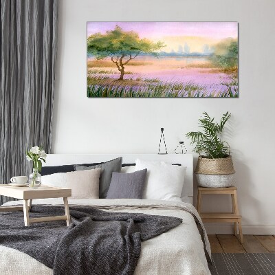 Morning landscape with a tree Glass Wall Art