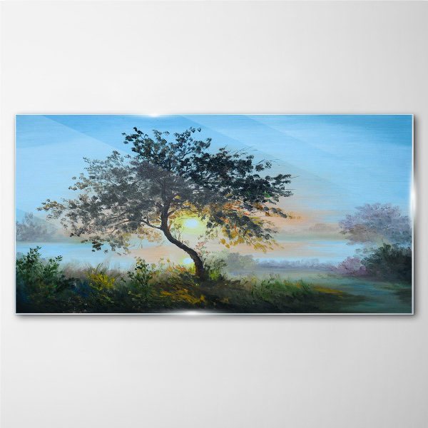 Sunset over the lake Glass Wall Art
